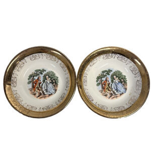 Vintage 2pc Set Sabin Crest-O-Gold Courting Couple 22K Gold 5.25" Dessert Bowls